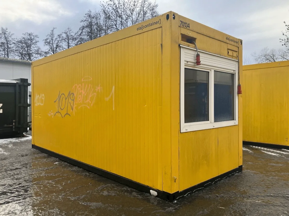 gebrauchter buerocontainer 20 fuss gelb mit fenster aussenansicht modulcontainer buero