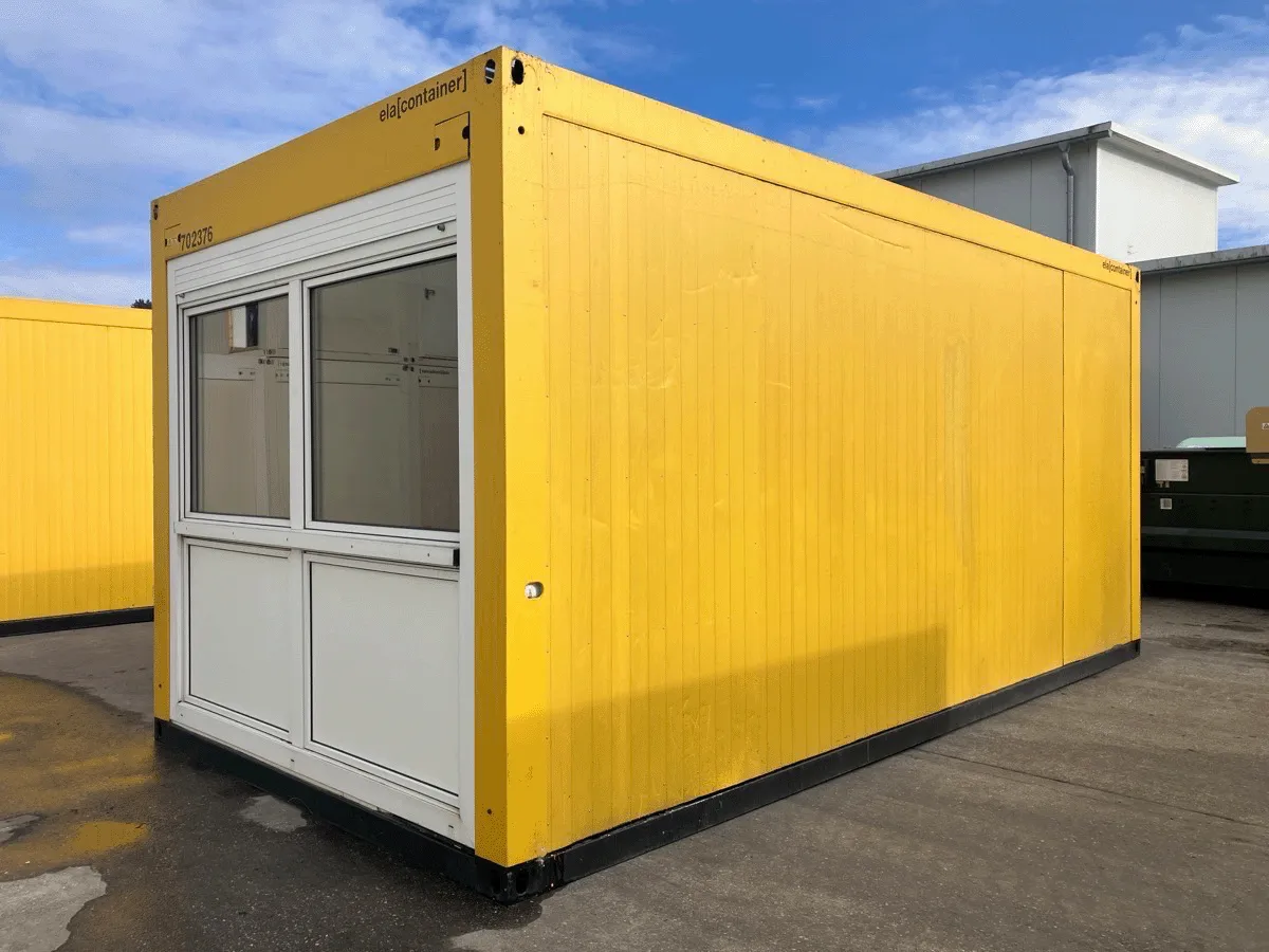gebrauchter buerocontainer 20 fuss gelb mit fensterfront aussenansicht modulcontainer