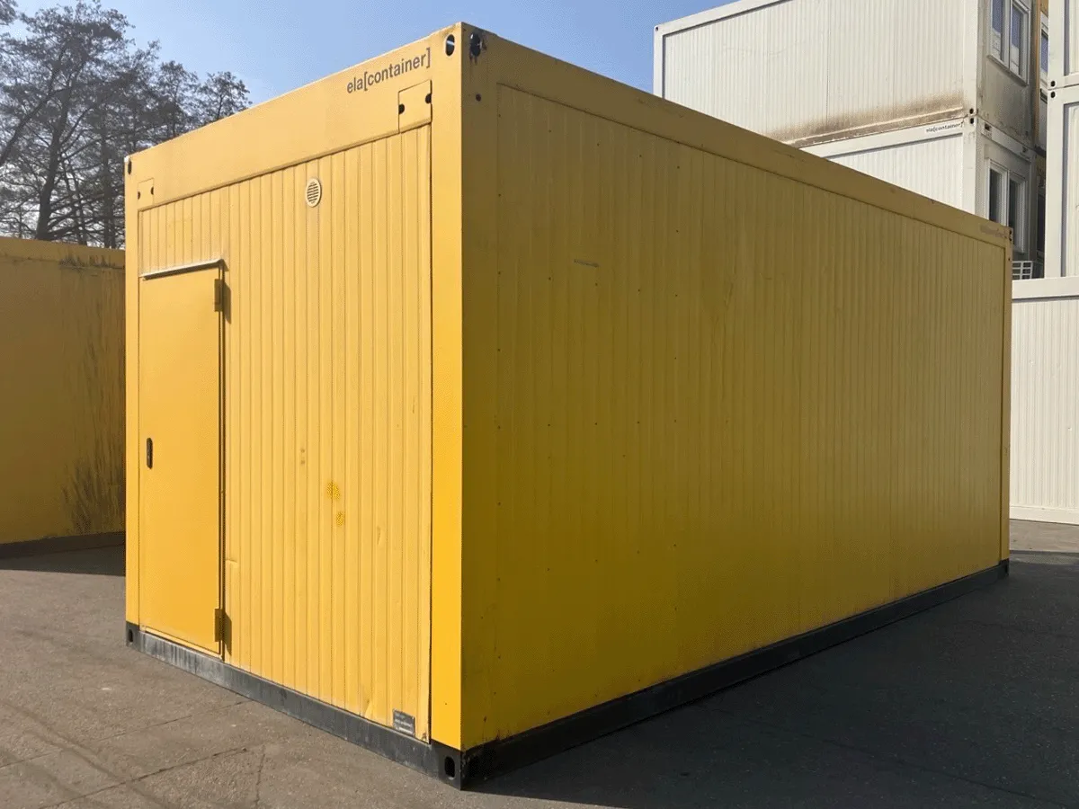 gebrauchter buerocontainer 20 fuss gelb mit eingangstuer aussenansicht modulcontainer