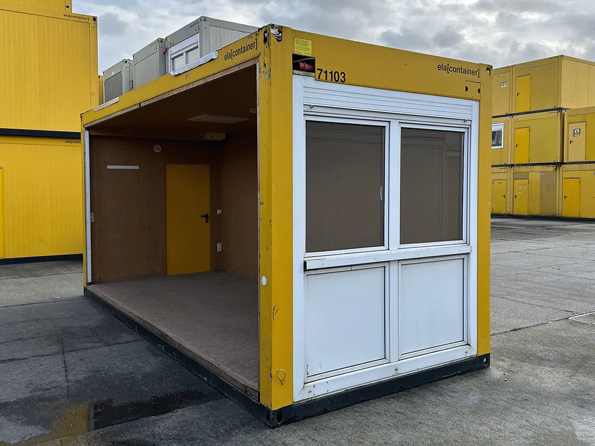 gebrauchter buerocontainer 20 fuss gelb mit offener seite und fensterfront aussenansicht