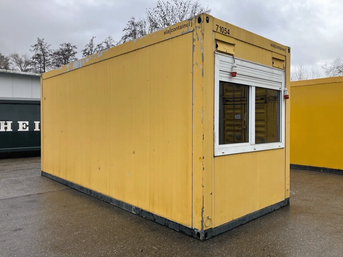 gebrauchter buerocontainer 20 fuss gelb mit fenster und rollladen aussenansicht