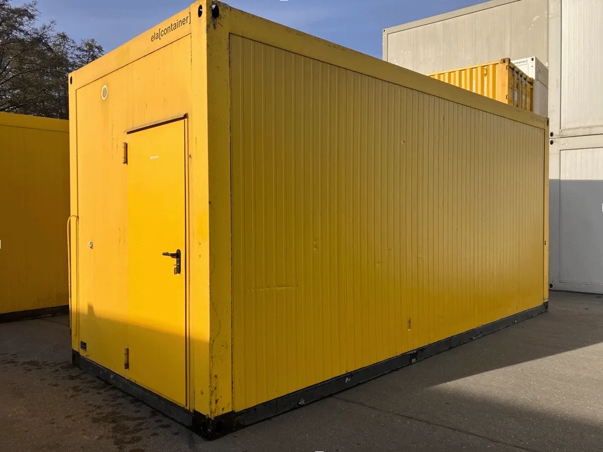 gebrauchter buerocontainer 20 fuss gelb mit eingangstuer aussenansicht baustellenbuero