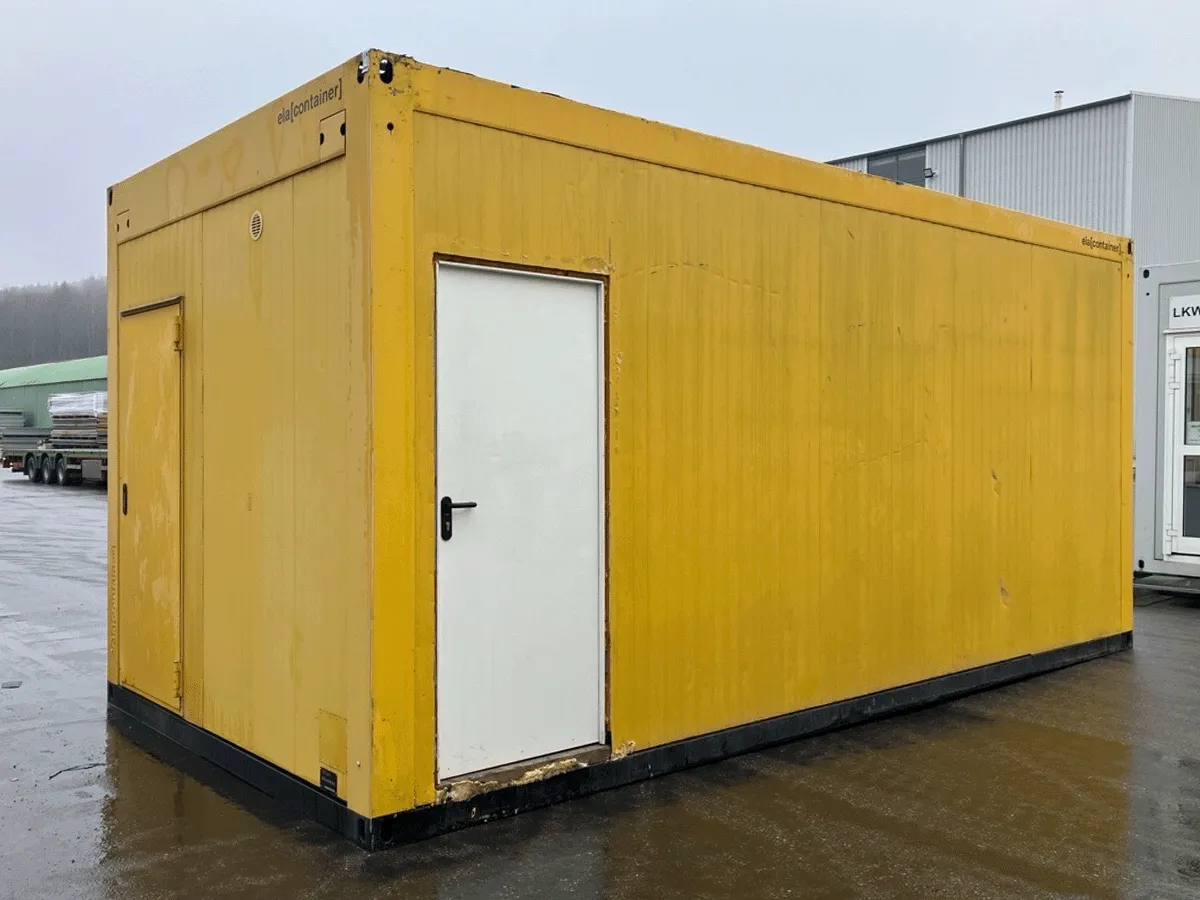 gebrauchter buerocontainer 20 fuss gelb mit eingangstuer aussenansicht baustellenbuero