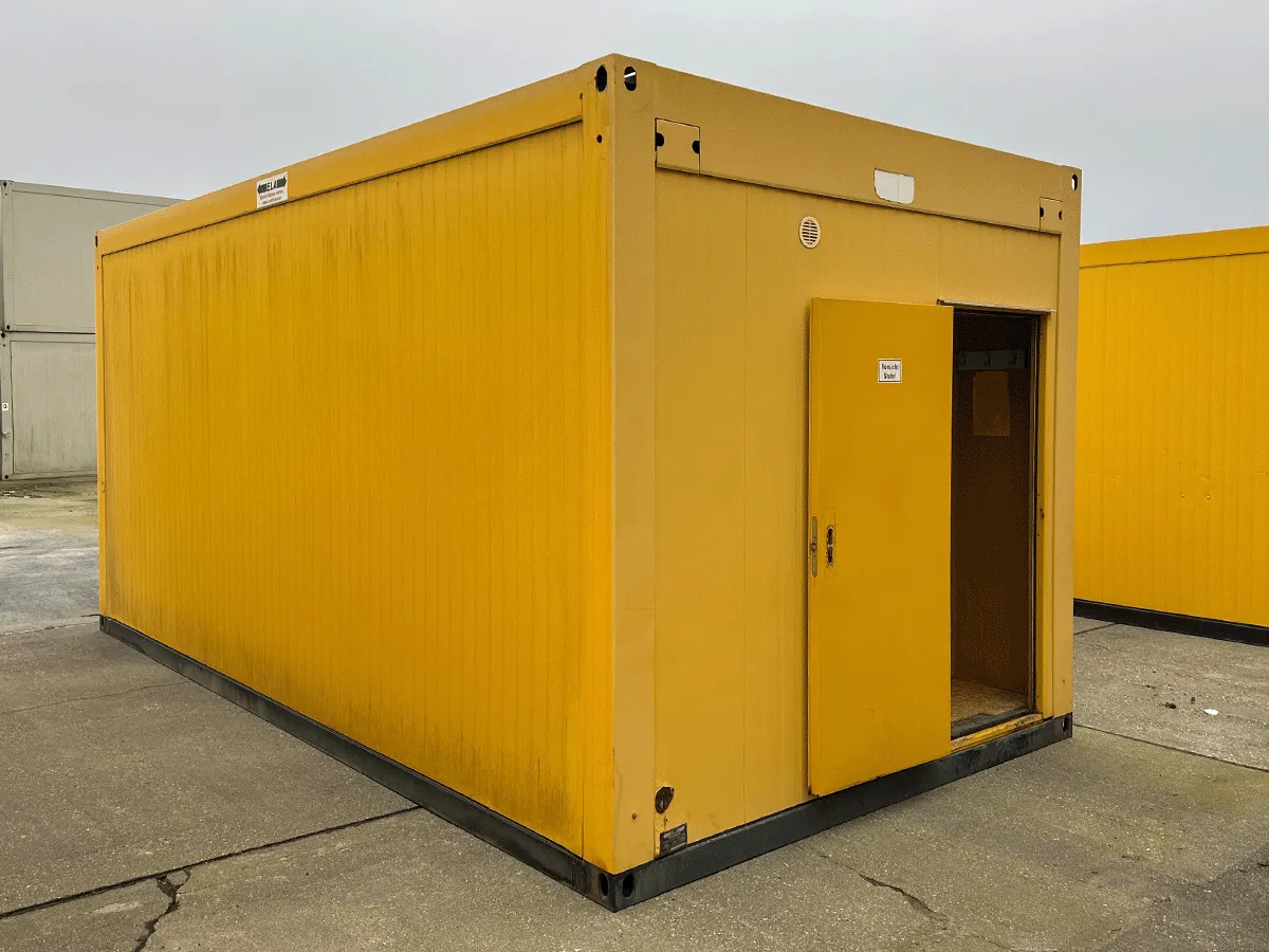 gebrauchter buerocontainer 20 fuss gelb mit eingangstuer aussenansicht baustellenbuero