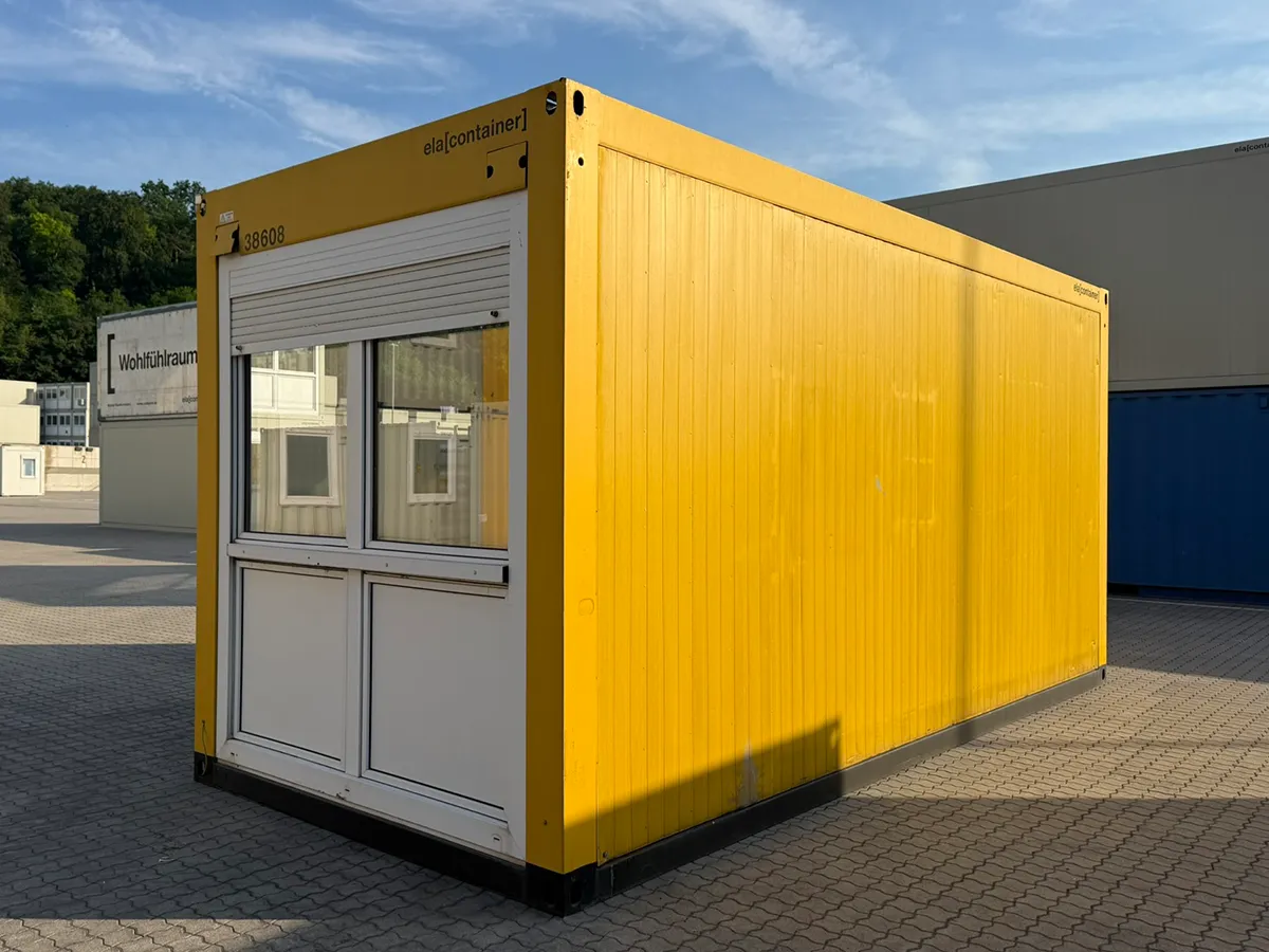 Gebrauchter Bürocontainer ELA Container gelb mit Fensterfront, teiloffene Ausführung
