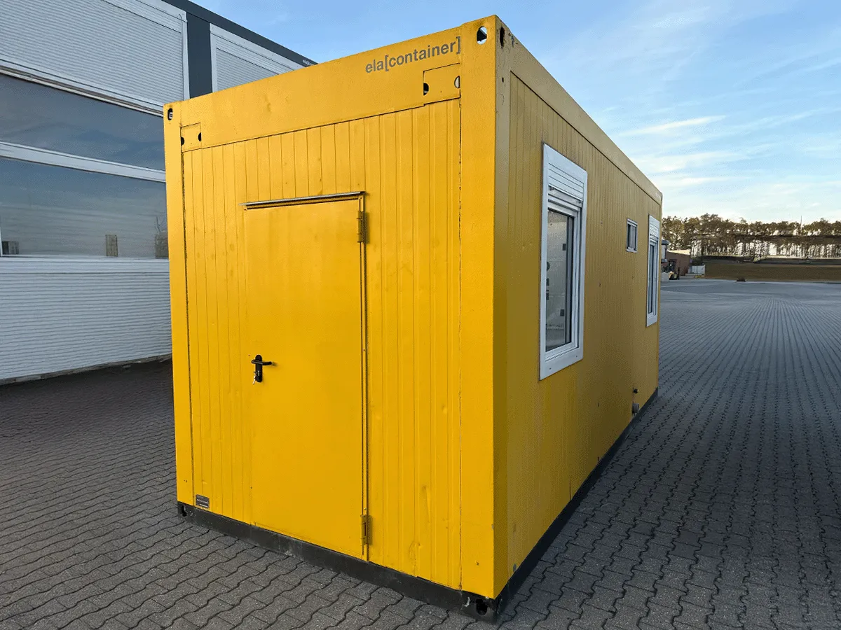 gebrauchter buerocontainer 20 fuss gelb mit tuer und fenster modulcontainer aussen