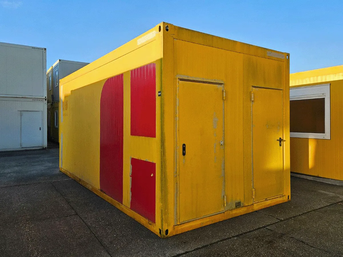 gebrauchter buerocontainer 20 fuss gelb mit doppeltuer aussenansicht container buero