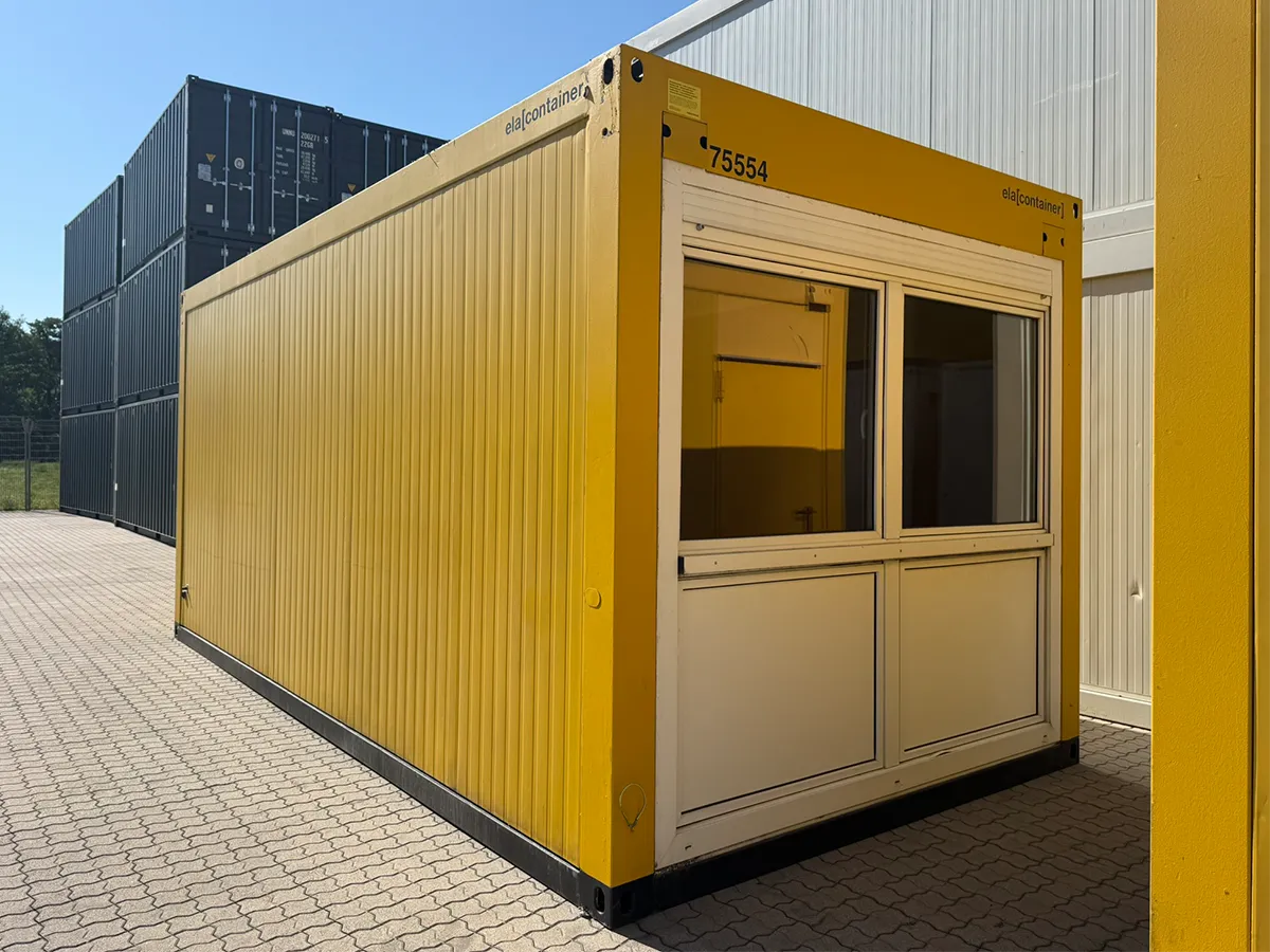 Gebrauchter Bürocontainer ELA Container gelb mit Fensterfront und Trennwand, Außenansicht