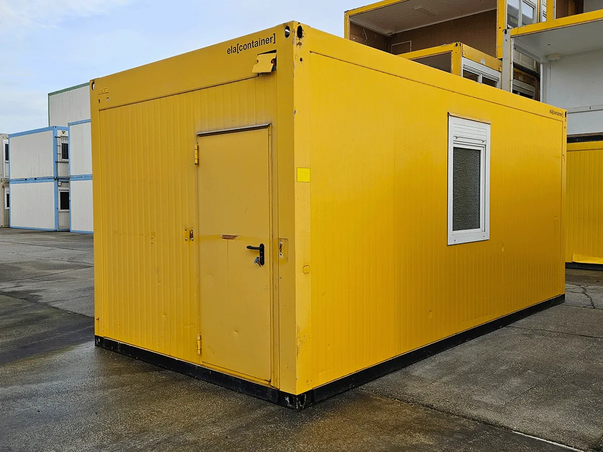 gebrauchter buerocontainer 20 fuss gelb mit eingangstuer aussenansicht modulcontainer