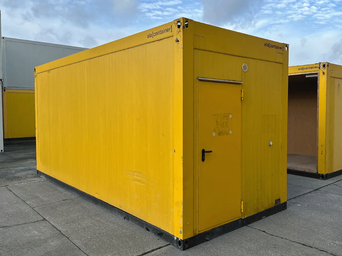 gebrauchter buerocontainer 20 fuss gelb mit eingangstuer aussenansicht modulcontainer
