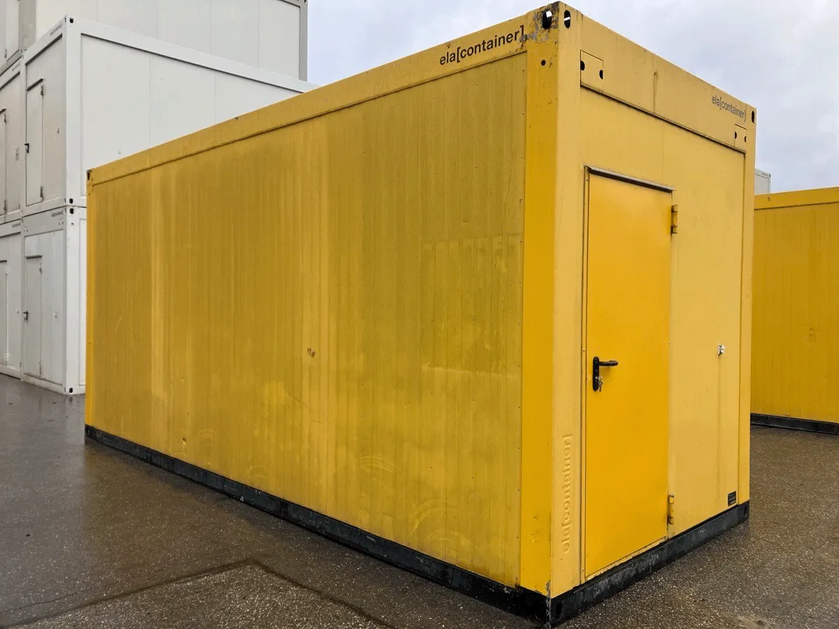 Gebrauchter Bürocontainer ELA Container gelb Rückansicht mit Eingangstür