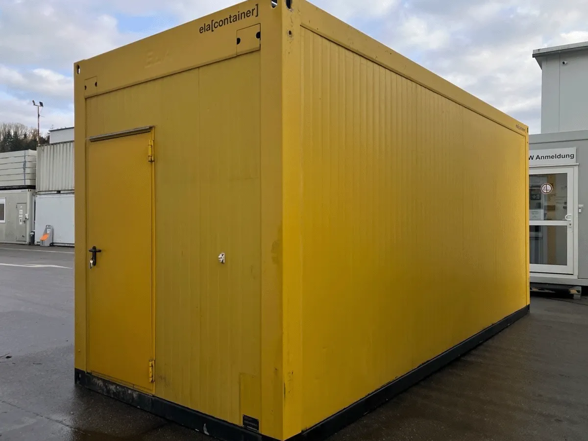 20 fuß bürocontainer gebraucht gelb mit eingangstür seitenansicht