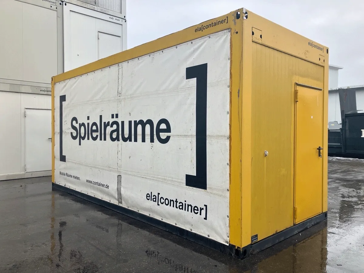 20 fuß bürocontainer gebraucht gelb mit eingangstür und werbebanner