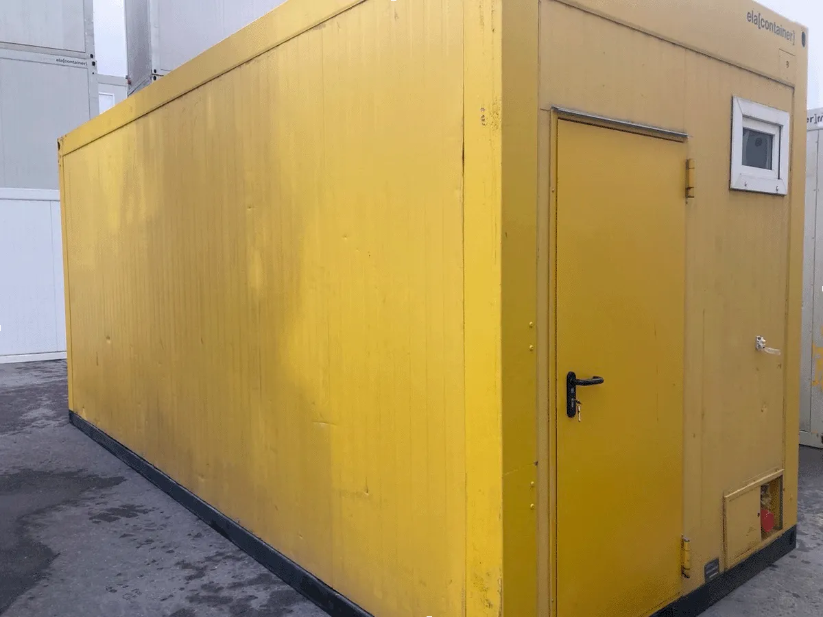 gebrauchter buerocontainer 20 fuss gelb mit eingangstuer und kleinem fenster aussenansicht