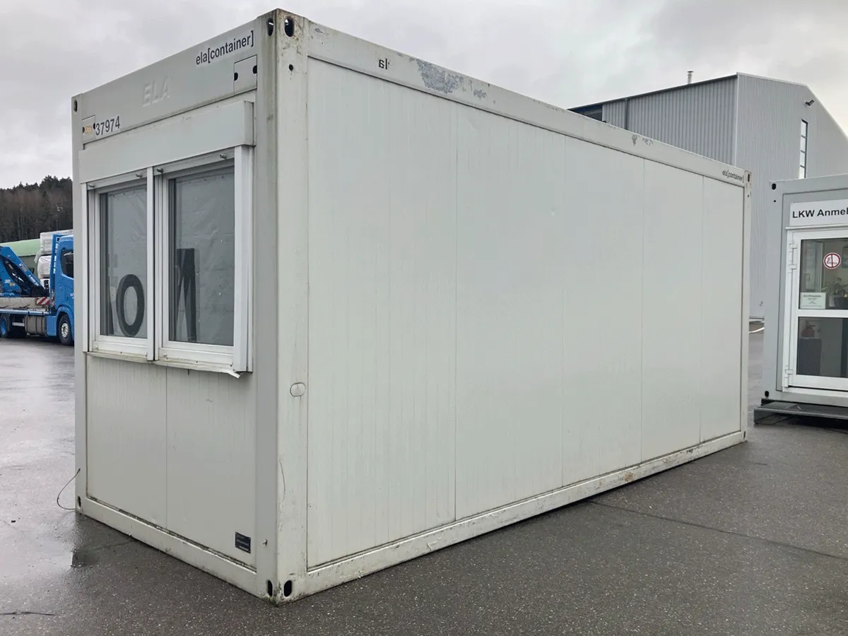 Gebrauchter Bürocontainer ELA Container grau mit Fenster r Außenansicht