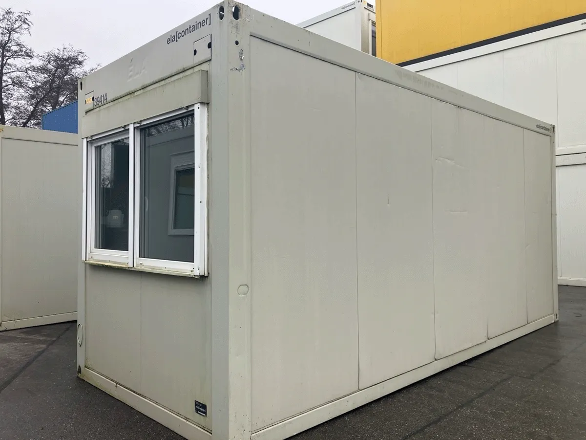 20 fuß bürocontainer gebraucht mit fensterfront außenansicht hellgrau