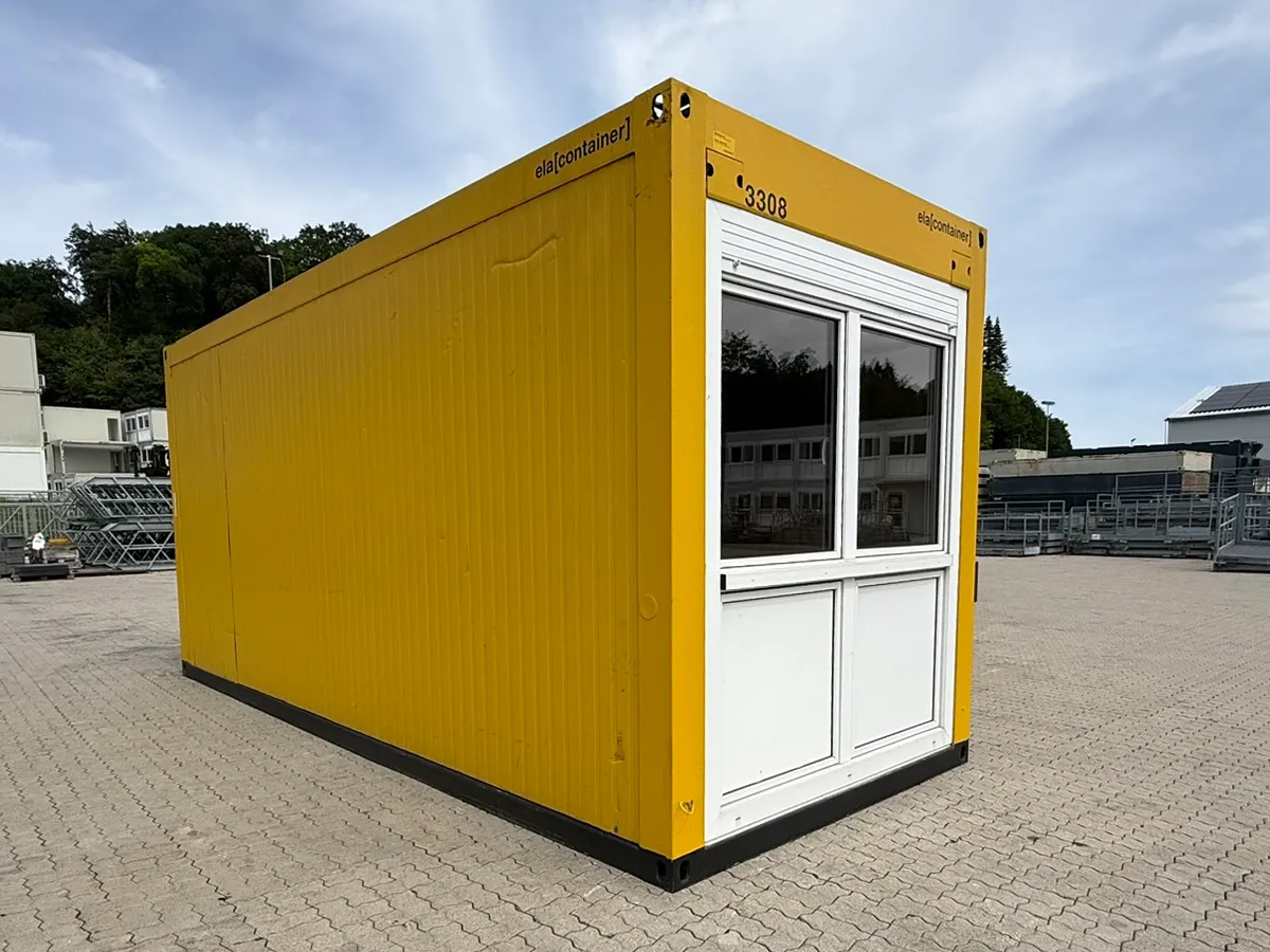 Gebrauchter Bürocontainer ELA Container gelb mit Fensterfront, Außenansicht