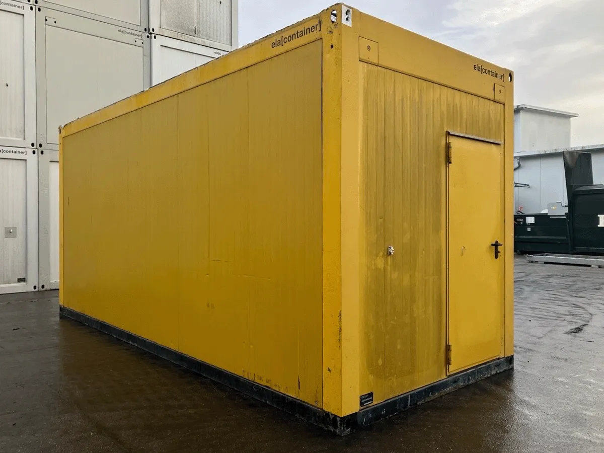 gebrauchter buerocontainer 20 fuss gelb mit eingangstuer aussenansicht