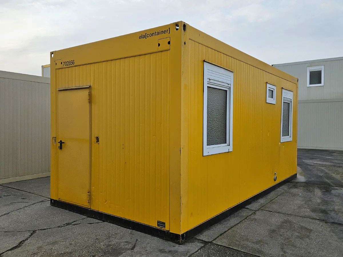 gebrauchter buerocontainer 20 fuss gelb mit fenstern und eingangstuer aussenansicht