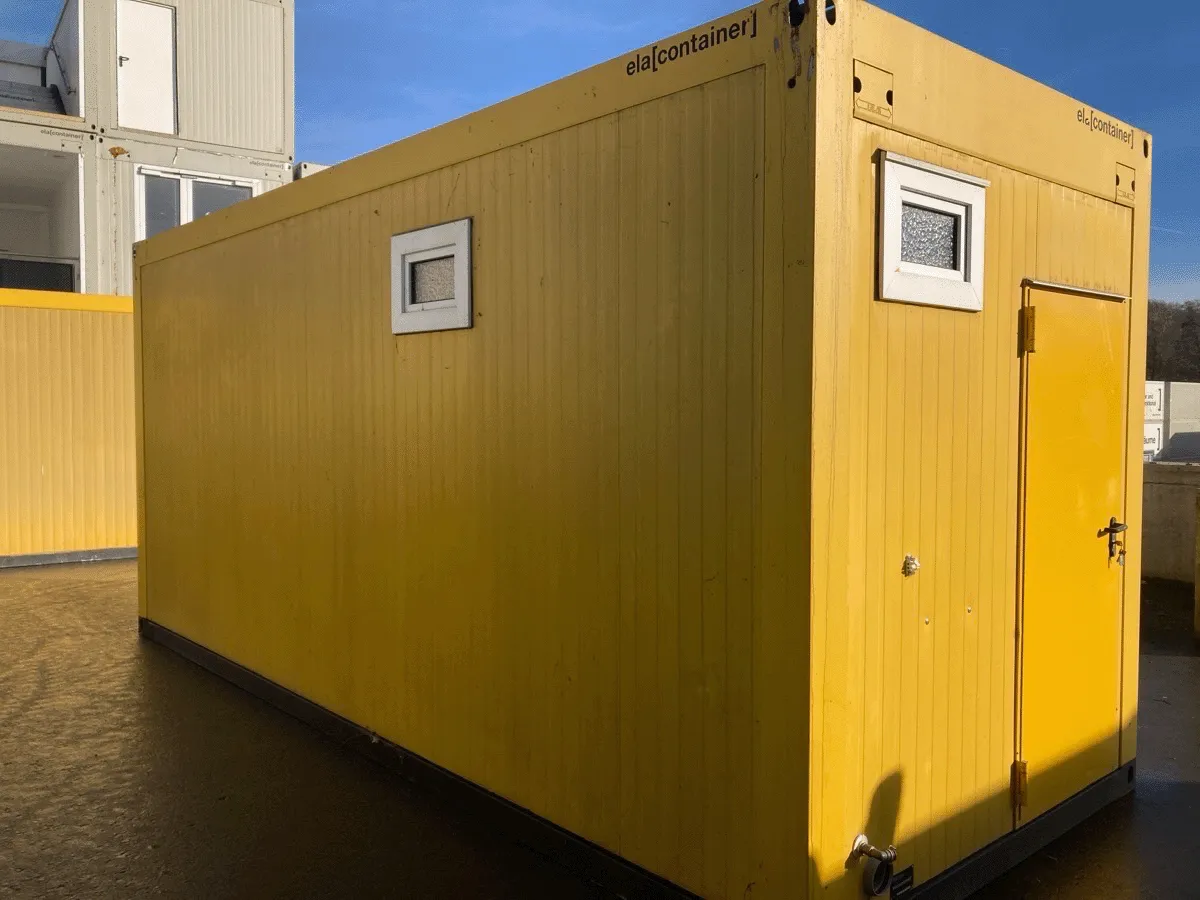 gebrauchter 20 fuß bürocontainer gelb mit fenster und eingangstür außenansicht