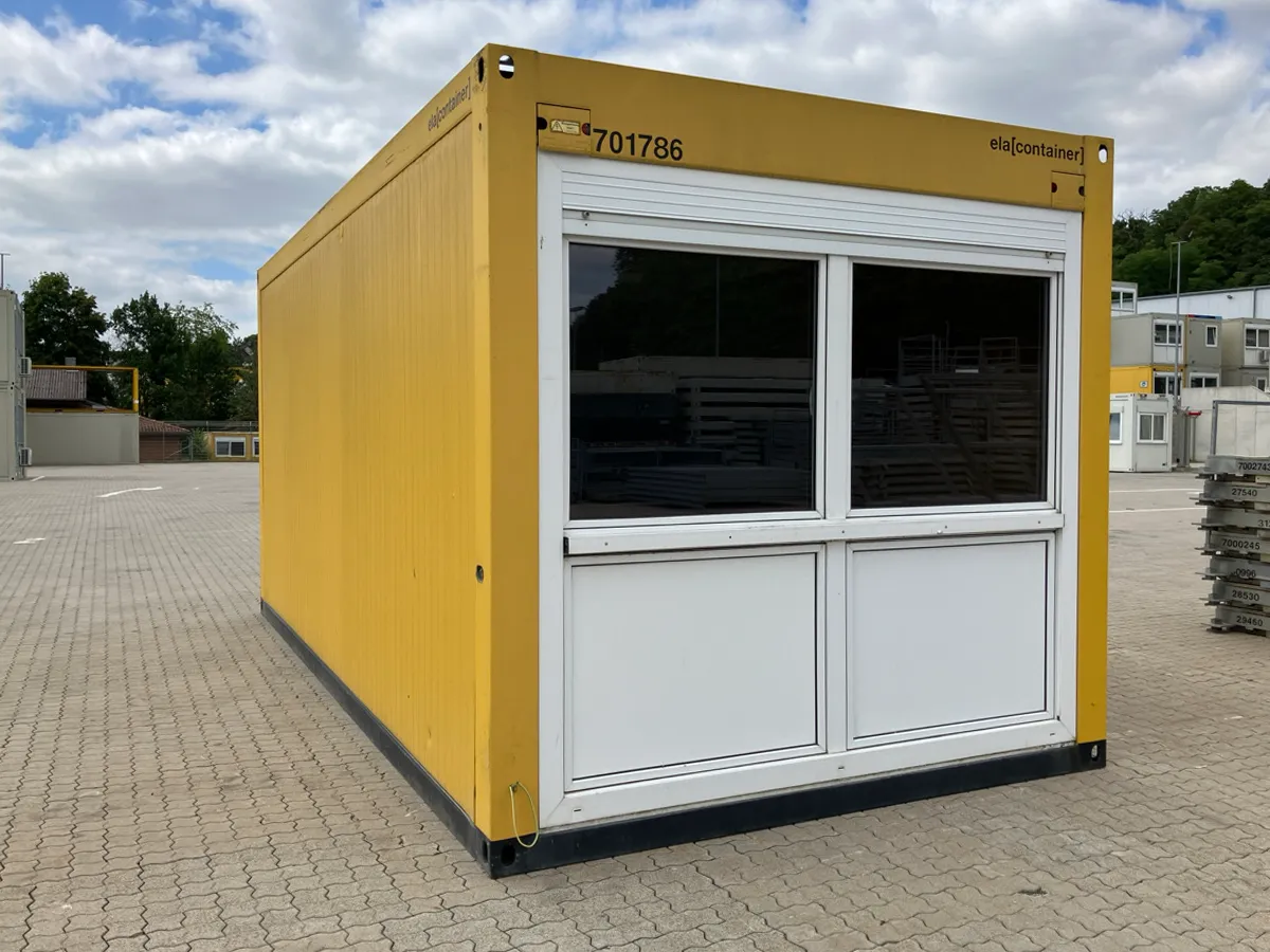 Gebrauchter Bürocontainer ELA Container gelb mit Fensterfront, Außenansicht