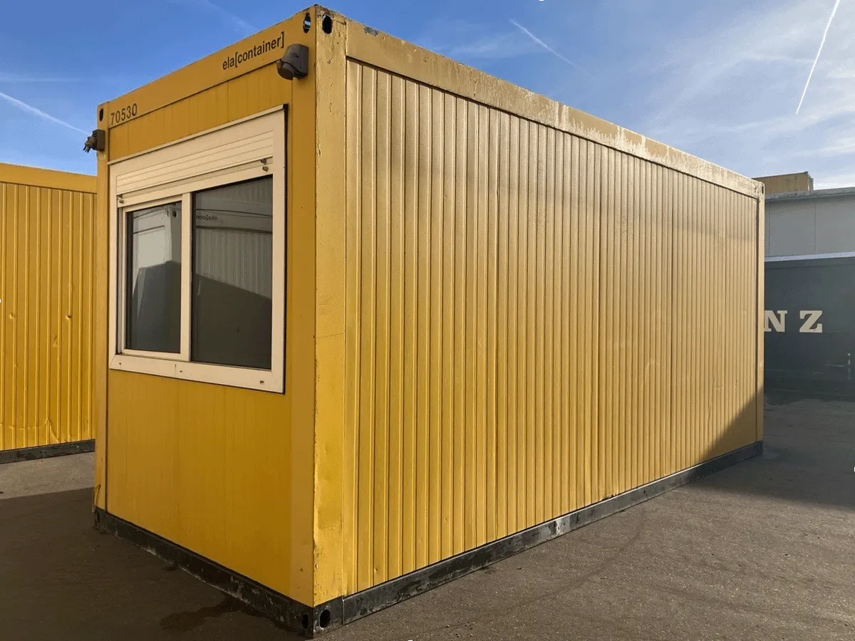 gebrauchter buerocontainer 20 fuss gelb mit fenster aussenansicht modulcontainer