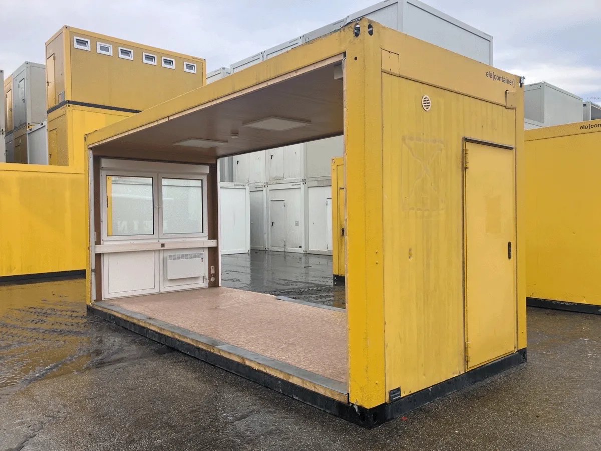gebrauchter buerocontainer 20 fuss gelb mit offener seite und eingangstuer aussenansicht