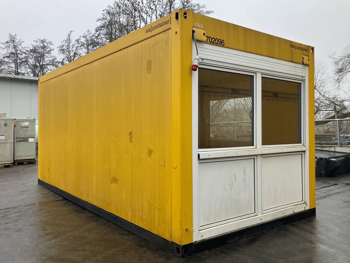 gebrauchter buerocontainer 20 fuss gelb mit fensterfront aussenansicht modulcontainer buero