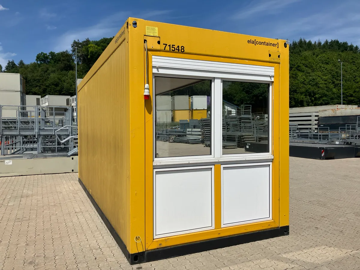 Gebrauchter Bürocontainer ELA Container gelb mit Fensterfront, teiloffene Ausführung