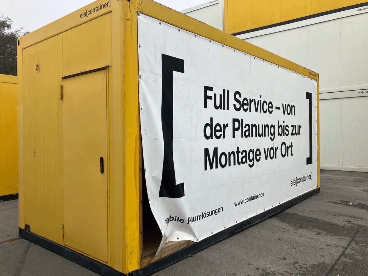 Bürocontainer mit Werbebanner – ideal für temporäre Einsätze & Projekte