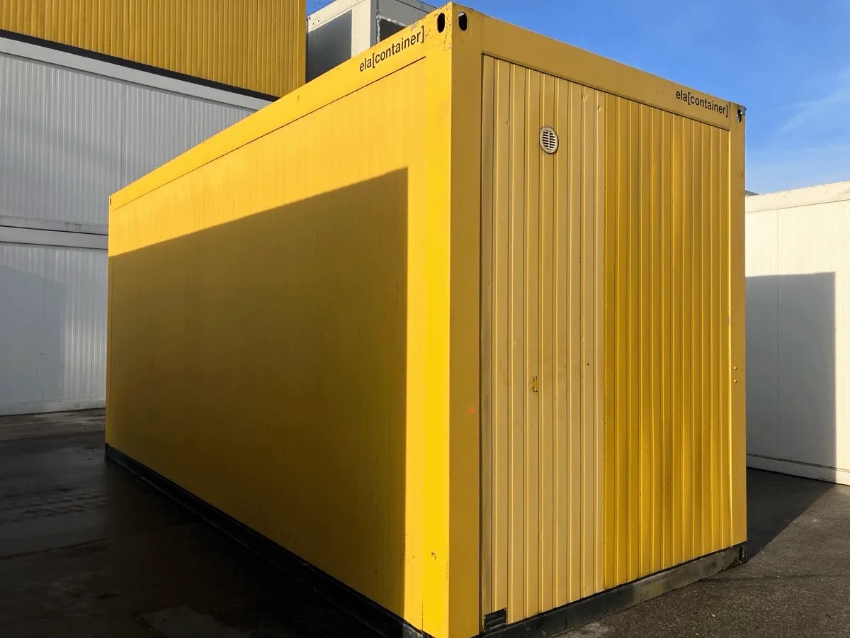 Gelber Bürocontainer außen geschlossen ohne Fenster Seitenansicht