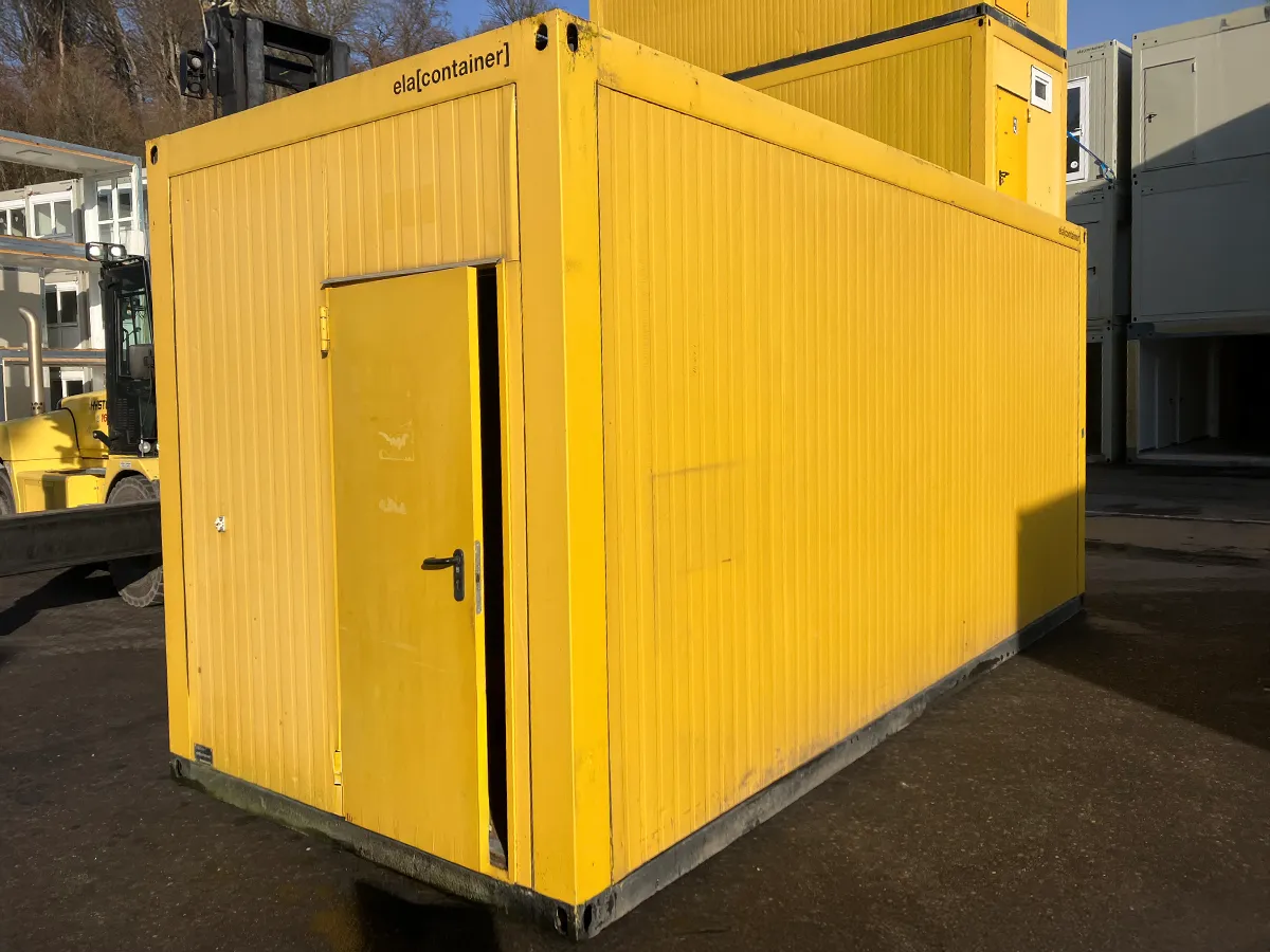Bürocontainer außen gelb mit Eingangstür
