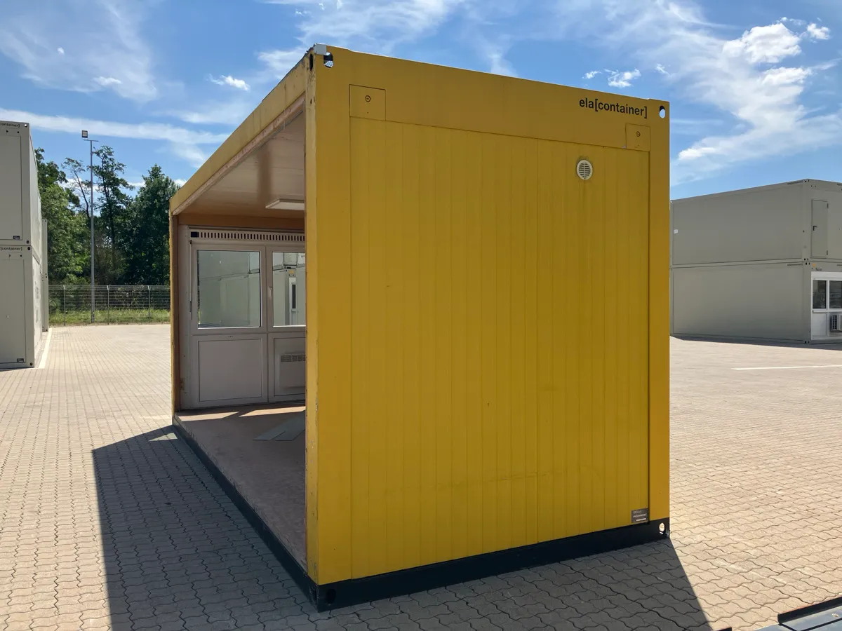 Gebrauchter Bürocontainer ELA Container gelb teiloffen mit Seitenwand, Außenansicht