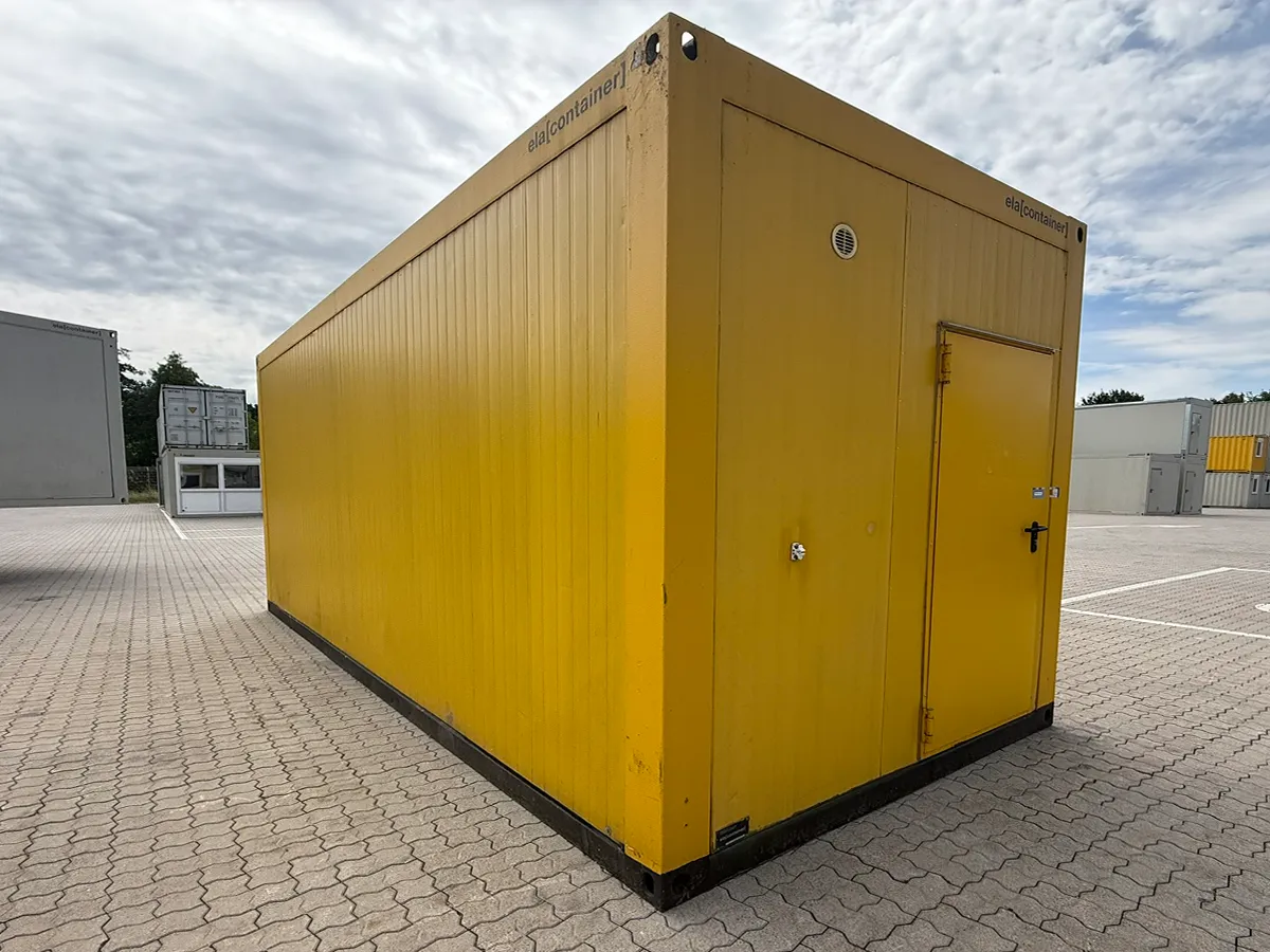 Gebrauchter Bürocontainer ELA Container gelb mit Außentür, Außenansicht
