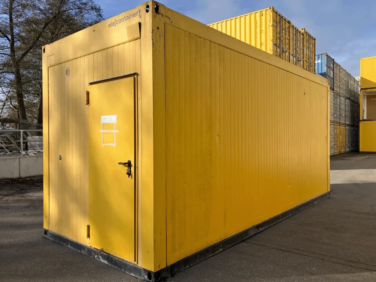 gebrauchter buerocontainer 20 fuss gelb mit eingangstuer aussenansicht baustellenbuero