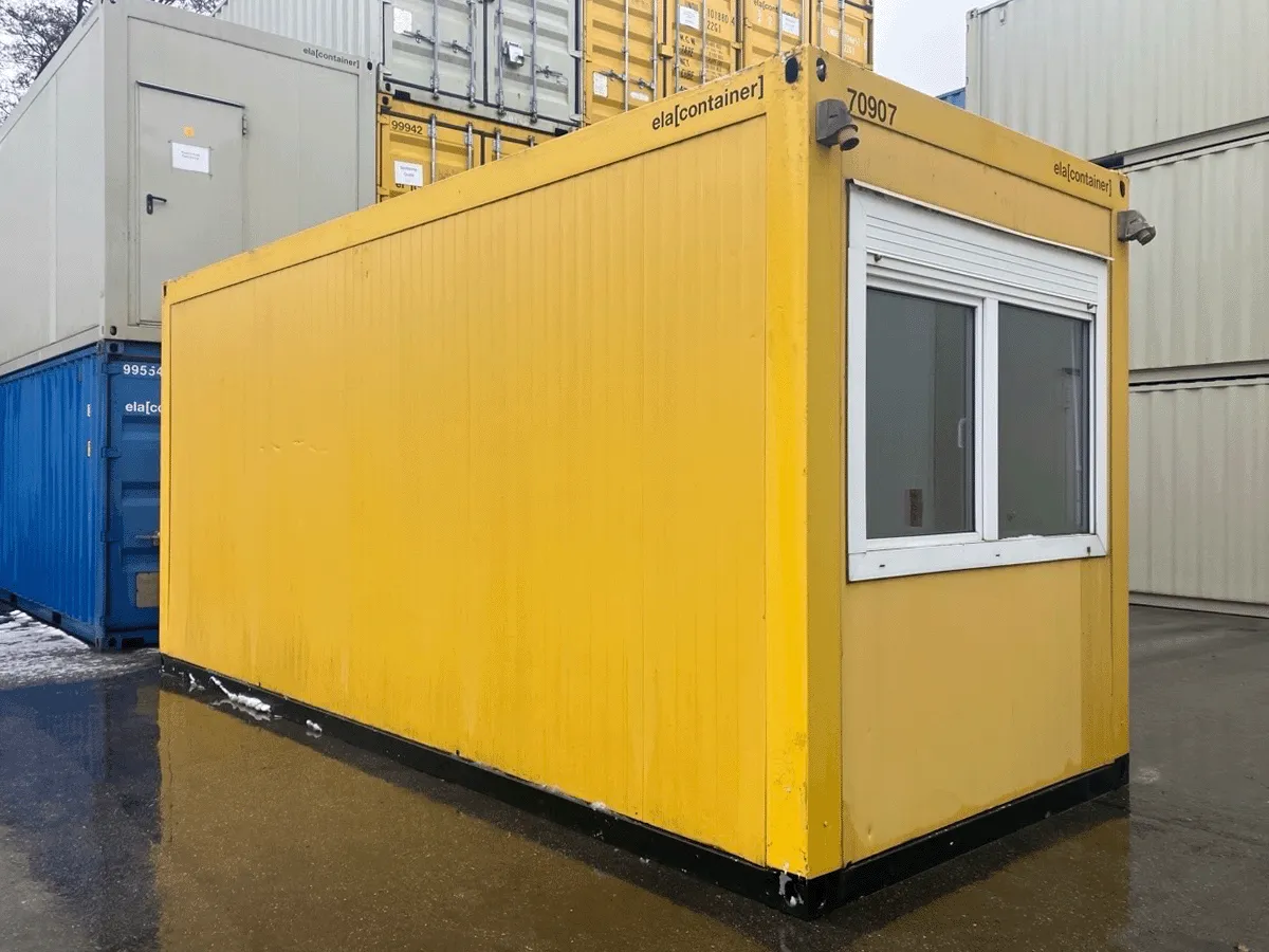 gebrauchter buerocontainer 20 fuss gelb mit fenster aussenansicht modulcontainer