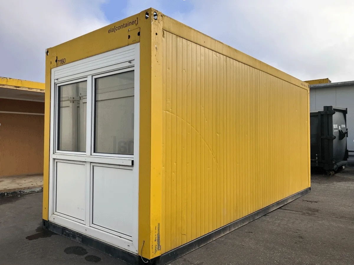 gebrauchter buerocontainer 20 fuss gelb mit fensterfront und rollladen aussenansicht
