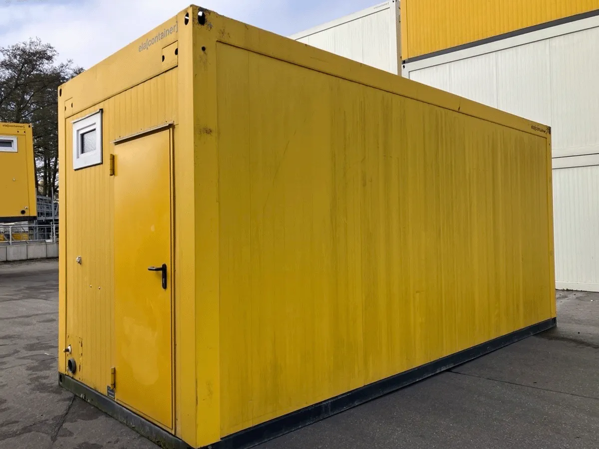 Gelber Bürocontainer mit Seitentür und kompakter Bauweise Außenansicht