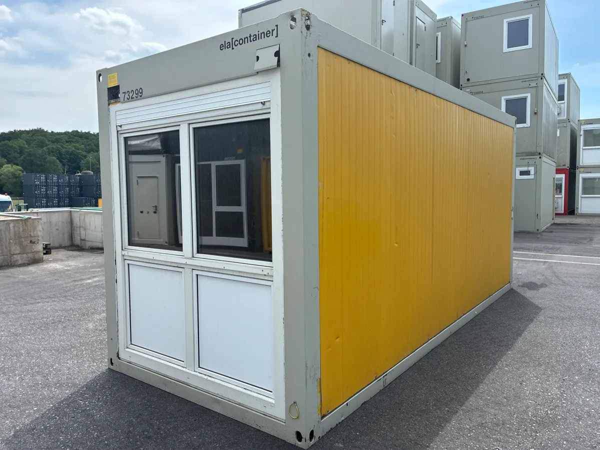 Gebrauchter Bürocontainer ELA Container gelb mit Fensterfront, Außenansicht