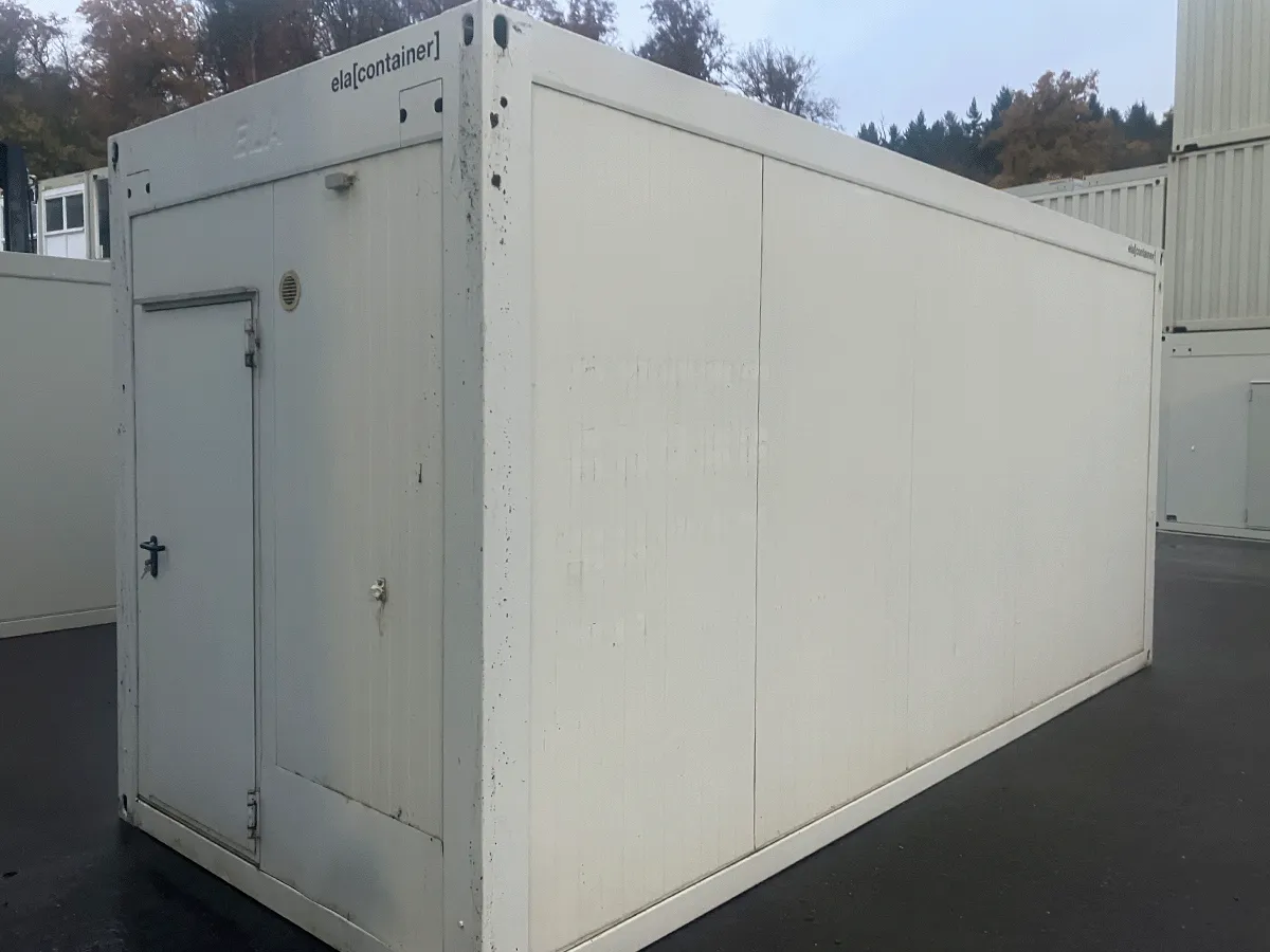 Gebrauchter Bürocontainer ELA Container grau mit Eingangstür und Lüftungsgitter