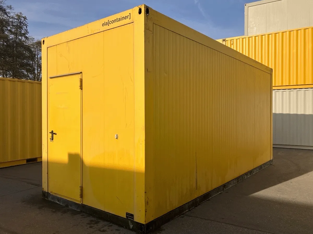 gebrauchter buerocontainer 20 fuss gelb mit eingangstuer aussenansicht baustellenbuero