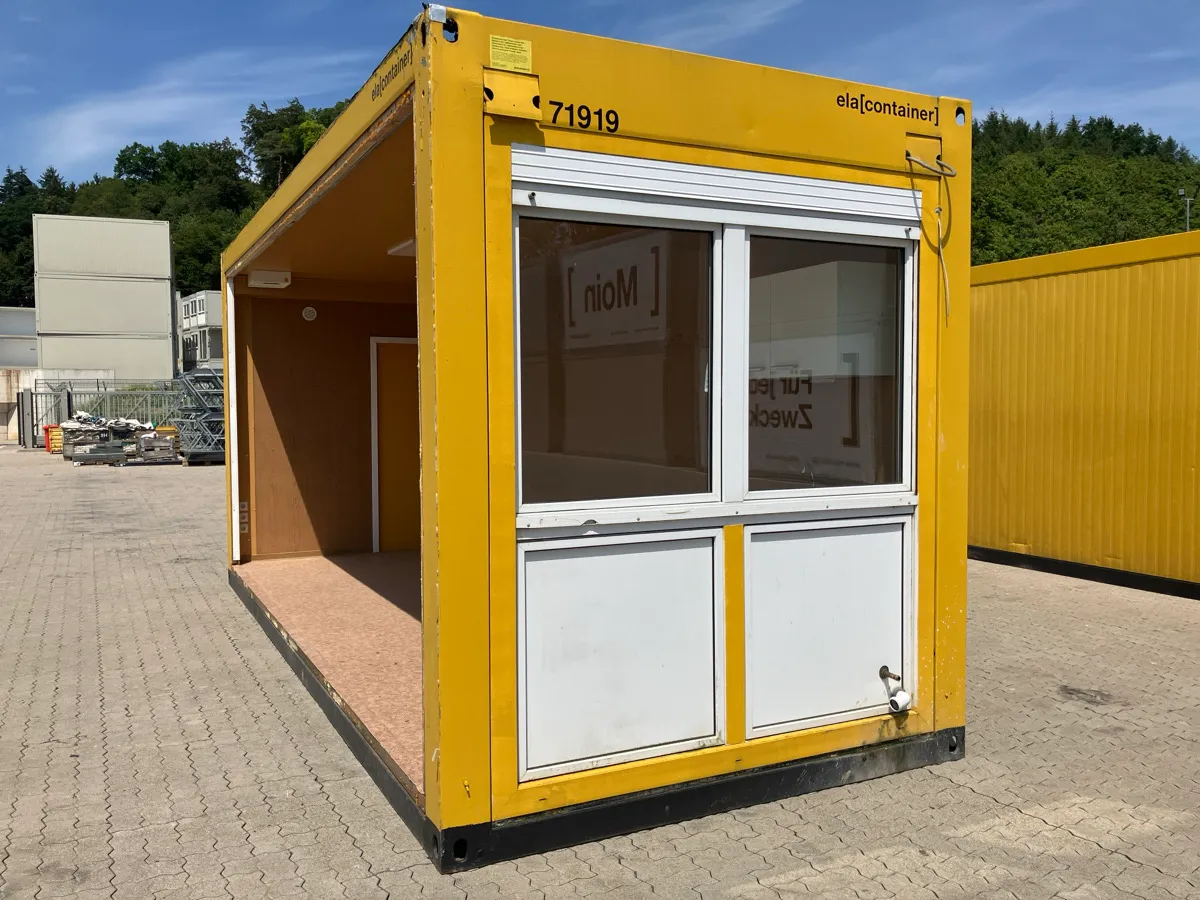 Gebrauchter Bürocontainer ELA Container gelb mit Fensterfront, teiloffene Ausführung
