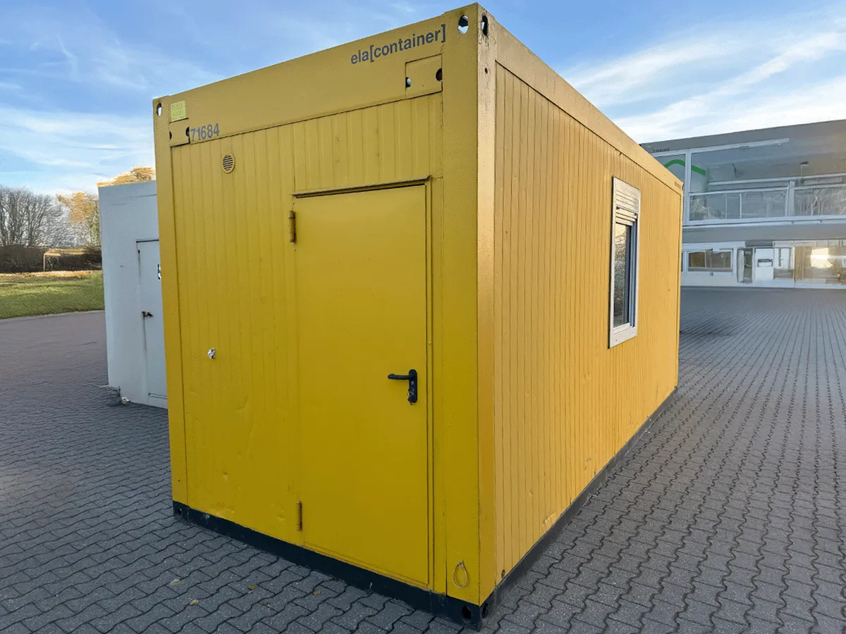 gebrauchter buerocontainer 20 fuss gelb mit eingangstuer und fenster aussenansicht