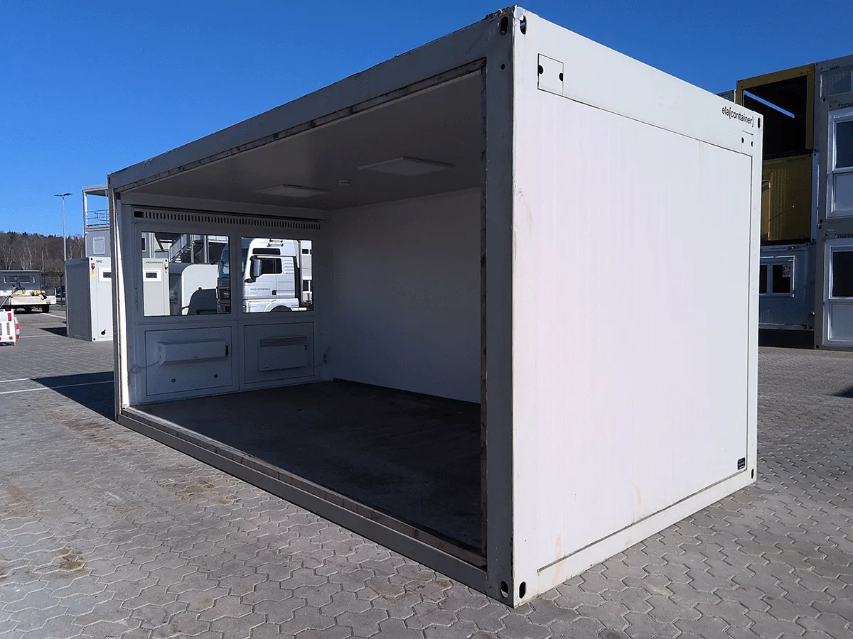 gebrauchter buerocontainer 20 fuss weiss mit offener seite aussenansicht modulcontainer
