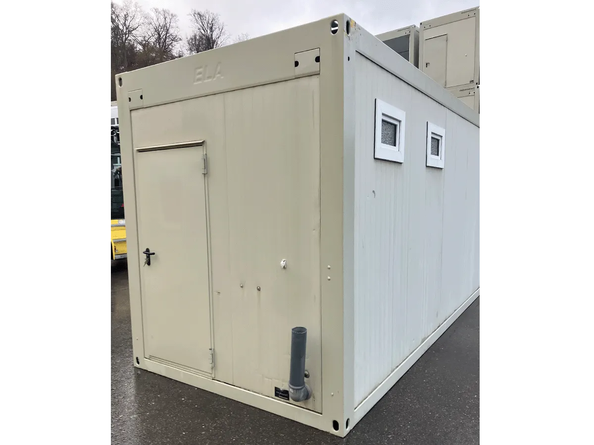 gebrauchter 20 fuß bürocontainer mit wc außenansicht eingang und fenster