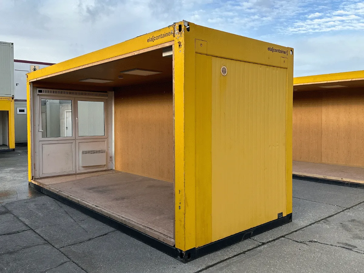 gebrauchter buerocontainer 20 fuss gelb mit offener seite aussenansicht