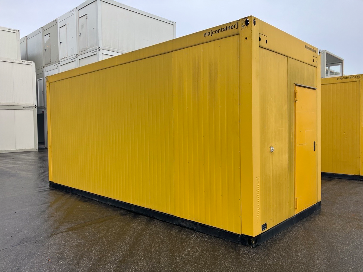 Gebrauchter Bürocontainer ELA Container gelb Rückansicht mit Eingangstür