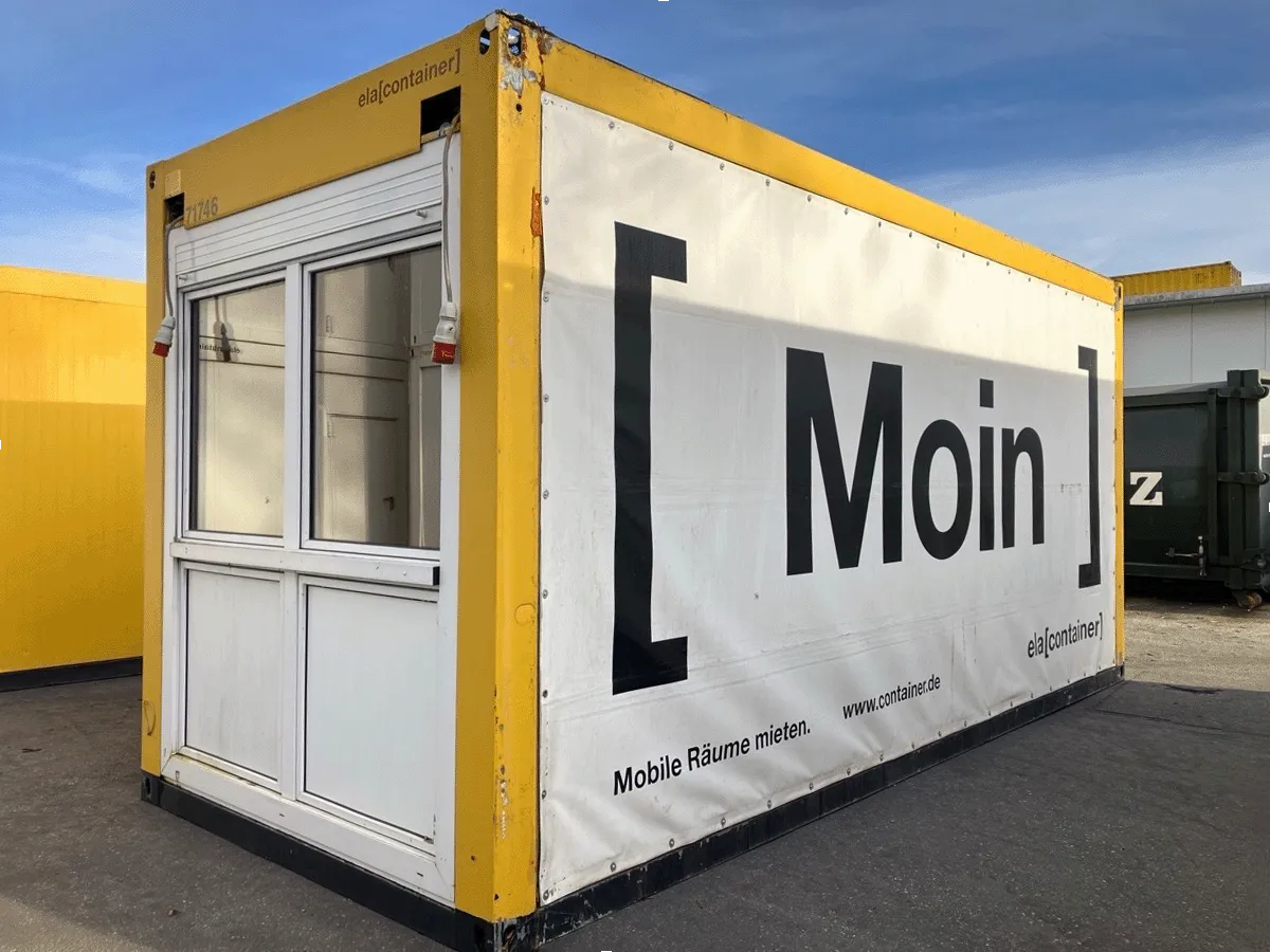 gebrauchter buerocontainer 20 fuss gelb mit werbebanner moin aussenansicht