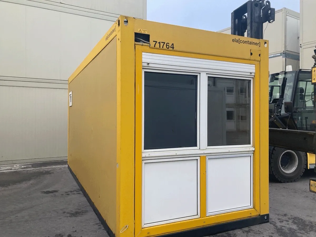 gebrauchter buerocontainer 20 fuss gelb mit fensterfront aussenansicht modulcontainer