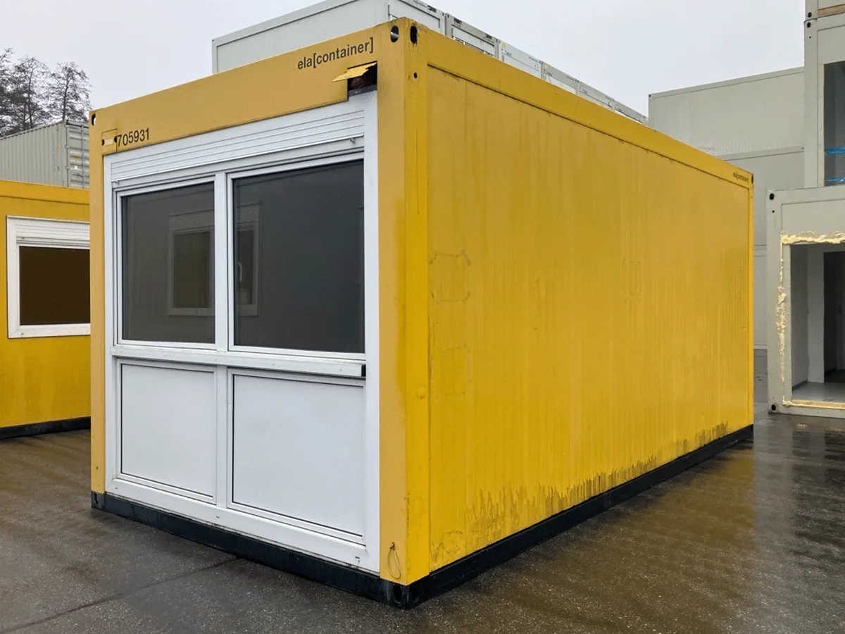 gebrauchter buerocontainer 20 fuss gelb mit fensterfront aussenansicht modulcontainer